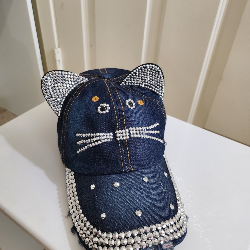 Denim Cat Ear Kids Cap with Rhinestones